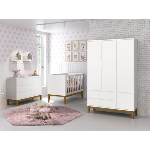 Jogo de Quarto para Bebê Completo 3 Portas Classic New Branco Fosco com Madeira - MoveisAqui