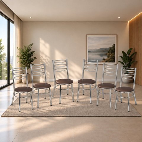 Conjunto 6 Cadeiras para Sala de Jantar Tradicional Cromado/Marrom