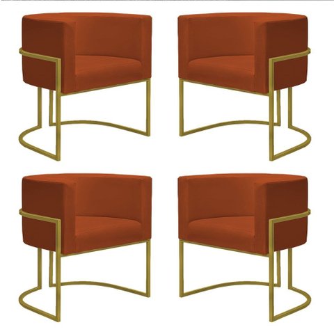 Kit 4 Poltronas Reforçadas Decorativa Sala Nayara Base Ferro Dourado Suede Terracota
