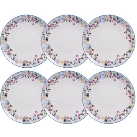 Jogo 6 Pratos Rasos Aura 25cm Porcelana Decorada Tramontina Cozinha Mesa Posta