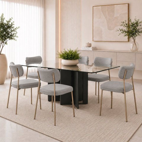 Kit 6 Cadeiras Sala de Jantar Lisa Pés Champanhe Linho Cinza m² - Monari Design