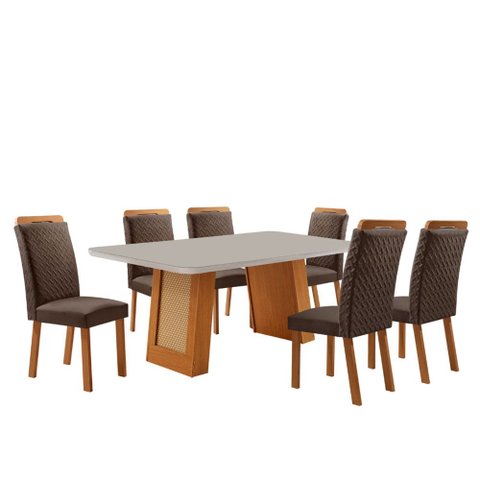 Mesa de Jantar Carolina 180cm Tampo MDF Vidro Canto Copo com 6 Cadeira Aline