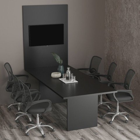 Kit com Mesa para Reunião 6 Lugares e Painel para TV até 37 Polegadas Preto