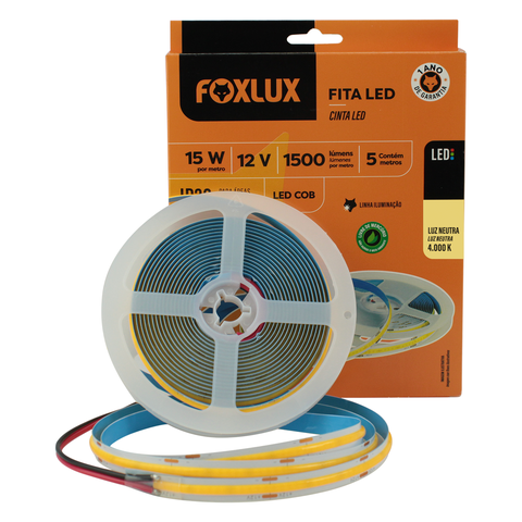 Fita Led Cob 15w 12v 4000k 5 metros Ip20 Foxlux