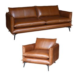 Conjunto Poltrona e Sofá Decorativo Sala de Estar América 2 Lugares 200cm Couro Conhaque - Mozzelar - 1