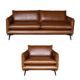 Conjunto Poltrona e Sofá Decorativo Sala de Estar América 2 Lugares 200cm Couro Conhaque - Mozzelar - 5
