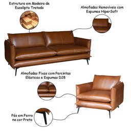 Conjunto Poltrona e Sofá Decorativo Sala de Estar América 2 Lugares 200cm Couro Conhaque - Mozzelar - 2