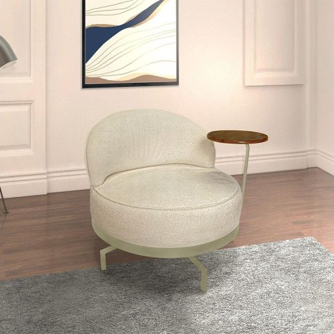 Poltrona Sala de Estar Pés em Ferro Champagne Giratória Braço Madeira Maciça 86cm Banff Bouclê