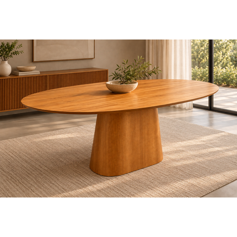 Mesa de Jantar Oval Aura Tampo em MDF 25mm Lmanina Natural de Madeira 140x90cm