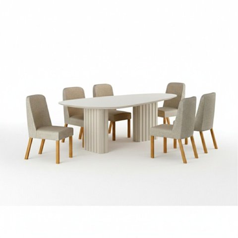 Conjunto Sala de Jantar Ísis 2,00m com 6 Cadeiras Tampo Orgânico Off White c/ Vidro Off White/Linho 