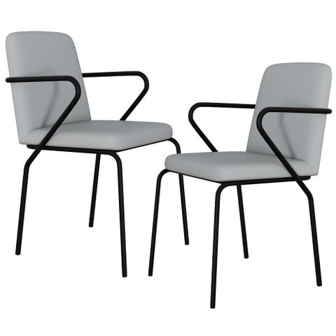 Kit 02 Cadeiras Estofada para Sala de Jantar com Braço Loft Preto C01 Courino Saturno Off White -