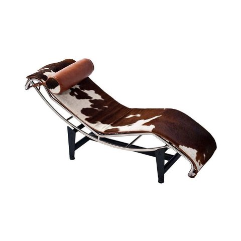 Chaise Lc-4 Cromada em Couro Vaquejado Branco e Marrom