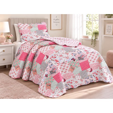 Kit Colcha Infantil Meninas Dupla Face Solteiro 160x240cm - Garden