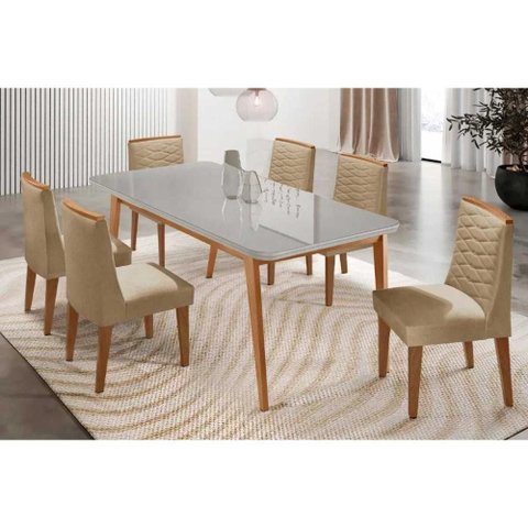 Sala Jantar Mesa Havana Tampo c/ Vidro Curvo 180cm+6 Cadeiras Maldivas Madeira Naturale/Off White -