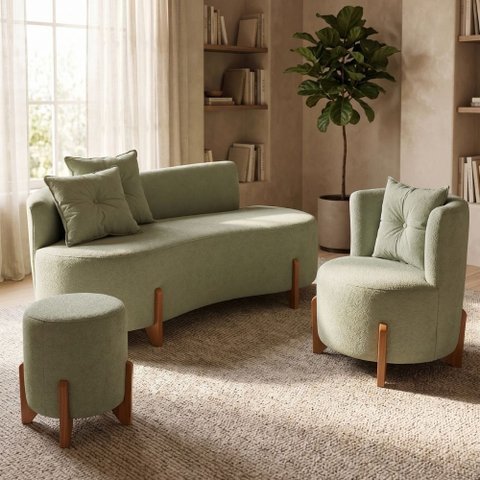 Kit Decorativo Sofá Curvo Orgânico + 01 Puff e Poltrona Luna Boucle Verde Menta - Montanaris Decor