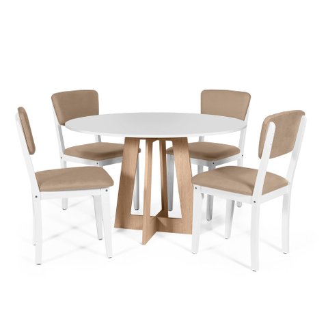 Mesa de Jantar Redonda Montreal Bran/jade com 4 Cadeiras Estofadas Ella Branco/marrom Claro