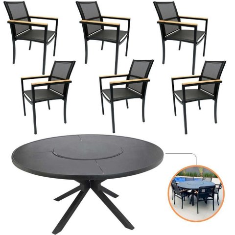 Conjunto para Varanda Zurick Mesa e 6 Poltronas Estrutura Alumínio Assentos Tela Sling Inox Nossa