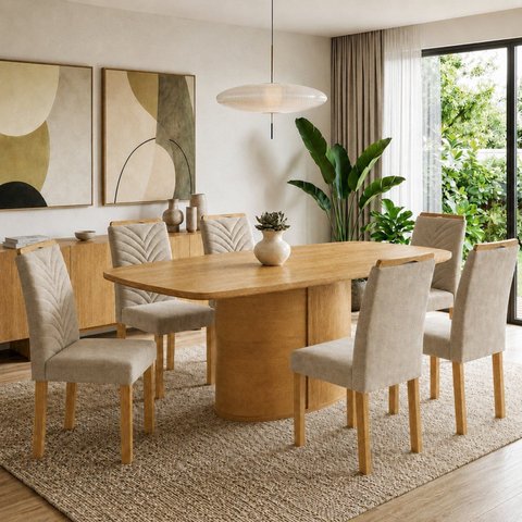 Conjunto de Mesa de Jantar 6 Lugares 180x90cm com Cadeiras Cinamomo e Bege