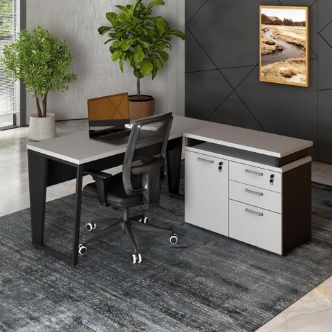 Mesa L Escritório Pé Metal Armário 3 Gavetas 1 Porta 150cm Cinza Sagrado com Preto F5 Office