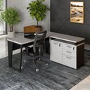 Ver imagem 1 de Mesa L Escritório Pé Metal Armário 3 Gavetas 1 Porta 150cm Cinza Sagrado com Preto F5 Office