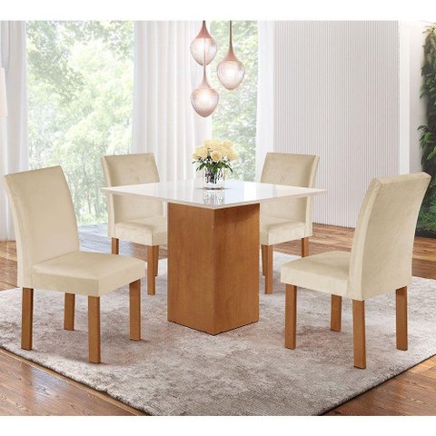 Conjunto Mesa de Jantar Dakota 4 Cadeiras Napoles Cel Móveis Cinamomo/off White/bege