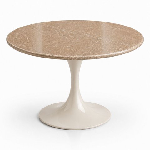 Mesa de Jantar Saarinen Redondo 100 cm Tampo Mármore Travertino Base Laca Off White