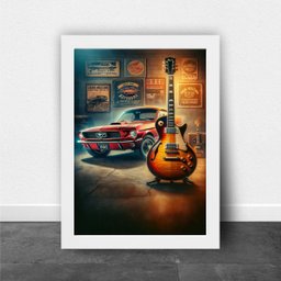 Quadro Garagem - Guitarra e Carro 33x24cm:madeira Branca - 2