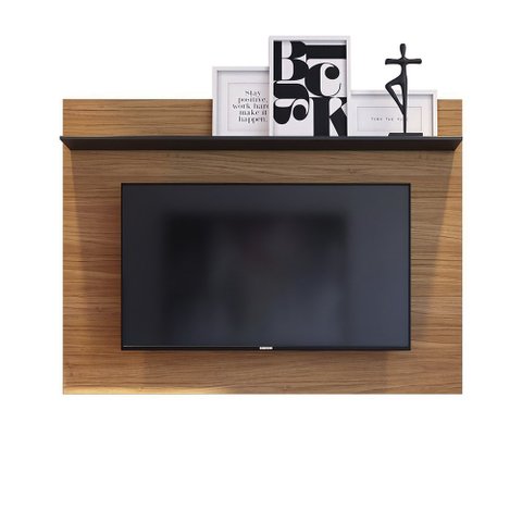 Painel Simon para TV 55 Polegadas com Prateleira Noce Milano/ Preto Fosco para Sala Recepção