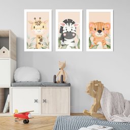 Kit Quadros Infantil Safari Aquarela 20X30 3 peças Arte na Arte Safari Aquarela  Moldura Branca - 4