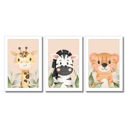 Kit Quadros Infantil Safari Aquarela 20X30 3 peças Arte na Arte Safari Aquarela  Moldura Branca - 1