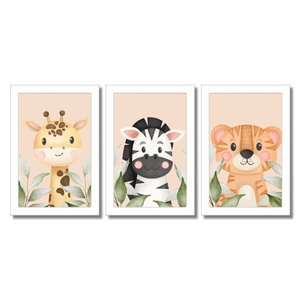 Kit Quadros Infantil Safari Aquarela 20X30 3 peças Arte na Arte Safari Aquarela  Moldura Branca
