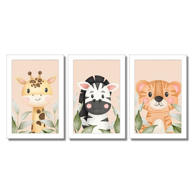 Kit Quadros Infantil Safari Aquarela 20X30 3 peças Arte na Arte Safari Aquarela  Moldura Branca