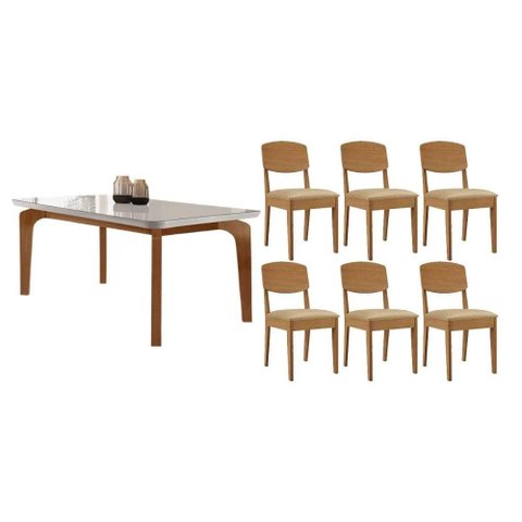 Sala de Jantar Completa Londrina C/ Tampo Madeirado C/ Vidro Canto Curvo 180x90cm e 6 Cadeiras