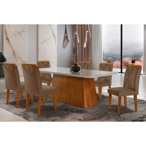 Conjunto: Mesa de Cozinha Luna Tampo Madeirado c/ Vidro Curvo 180x90 e 6 Cadeiras Amsterdã Imbuia/