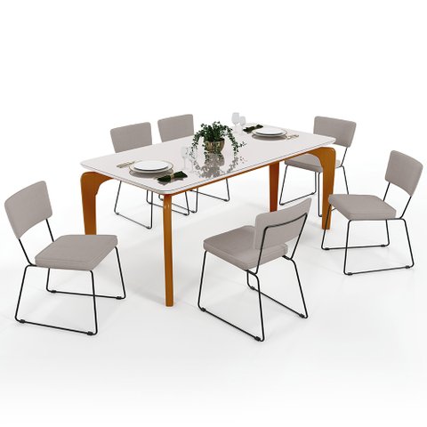Mesa De Jantar Capri 160cm Off White Nature Com 6 Cadeiras Allana B05 Linho Bege - Lyam Decor