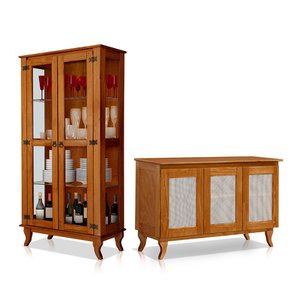 Kit Cristaleira com Buffet 3 Portas em Madeira Maciça Acabamento Premium Castanho