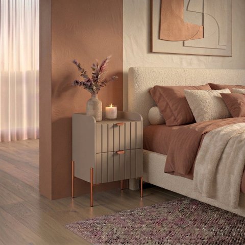 Mesa de Cabeceira Moderna com Gavetas MDF Moriah 45cm Conect com Pés e Puxadores Industrial Cobre