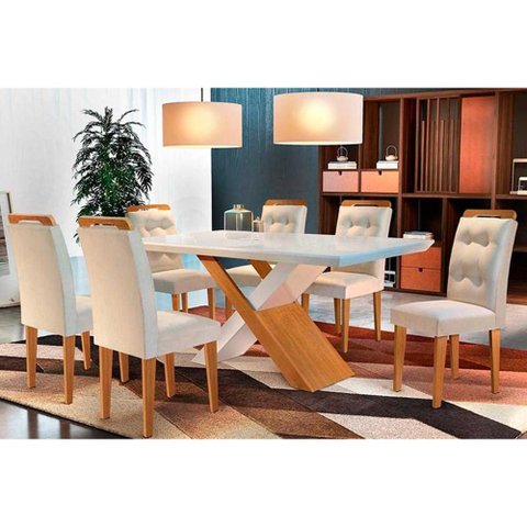 Sala de Jantar Completa Imperatriz Tampo Madeirado C/ Vidro Reto 180x90 e 6 Cadeiras Imperatriz