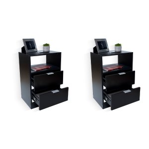 Kit 2 Mesas de Cabeceira Preta com 2 Gavetas e Nicho Mesinha Quarto Lateral da Cama Estilo Cômoda