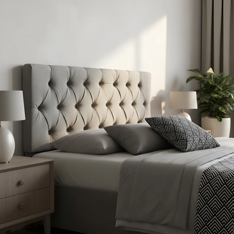 Cabeceira Estofada Capitonê de Casal 140x50cm na Cor Cinza com Botões na Mesma Cor - Alta Elegâcia