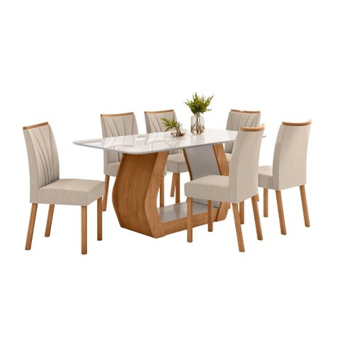 Conjunto Sala de Jantar Mesa Laini 160 Tampo Vidro Off White com 6 Cadeiras Téssera - Lopas Amendoa 