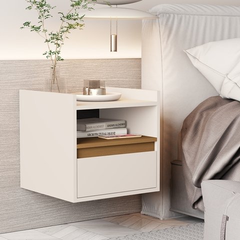 Kit 2 Mesas de Cabeceira Suspensa com Porta Basculante Melina Cores - Comprar Moveis em Casa: Off Wh