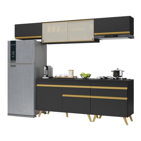 Armário de Cozinha Completa 260cm Veneza Multimóveis V3710 Preto/Dourado