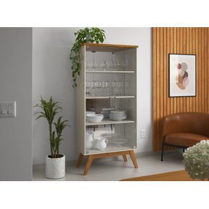 Cristaleira Or Estilo Retrô com Portas em Vidro Temperado Cor Off White / Cumaru