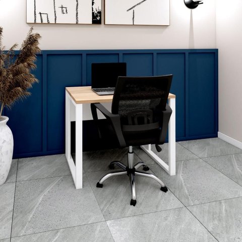 Mesa Escritório Plataforma 90cm 1 Cx de Tomada Pé Metal F5 Cor:macadâmia com Branco