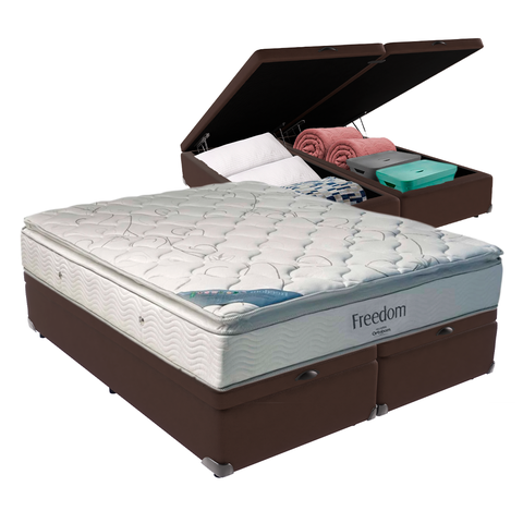 Cama Box Baú Bipartido Casal Marrom e Colchão Freedom Molas Ensacadas Ortobom