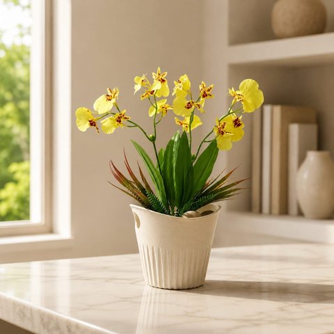Vaso de Orquídeas Artificiais em Lindo Vaso Decorado com Pedras Brancas Naturais