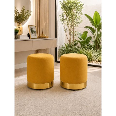 Kit 2 Puff Rodapé Dourado, Cor Amarelo Veludo - Let Móveis