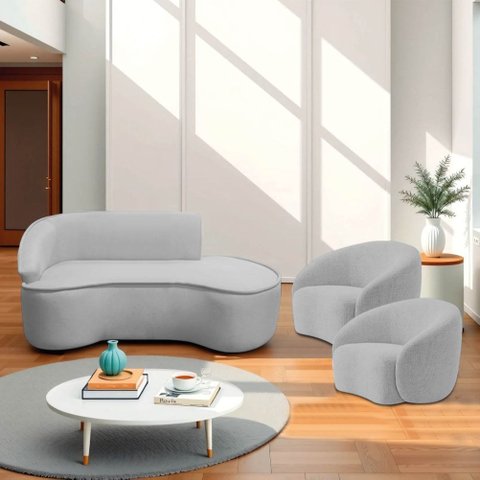 Kit Divã Recamier Orgânico Marrocos 160cm Lado Direito e 2 Poltronas Amore Linho Cinza Claro