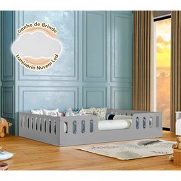 Cama Casal Montessoriana Helo Cinza Acompanha Luminária Led - 2